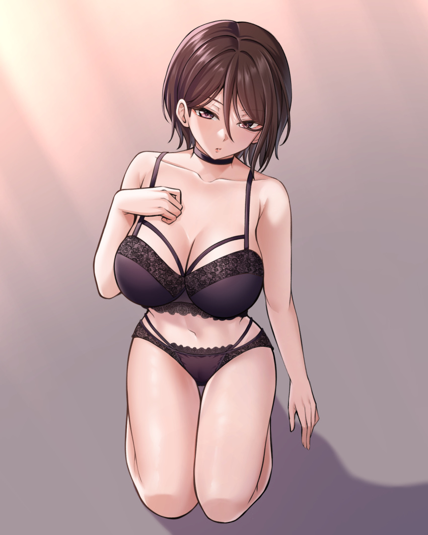 1girl arm_at_side bang_dream! bangs bare_arms bare_shoulders black_bra black_choker black_panties bra breasts brown_hair choker cleavage collarbone commentary_request eyebrows_visible_through_hair floral_print full_body gradient gradient_background grey_background hair_between_eyes hand_on_own_chest hand_up highres kneeling korean_commentary lace-trimmed_bra lace-trimmed_panties lace_trim large_breasts looking_at_viewer mixed-language_commentary multi-strapped_panties navel panties parted_lips pink_background pink_eyes print_bra print_panties ptal shadow short_hair solo stomach thigh_gap underwear underwear_only yashio_rui