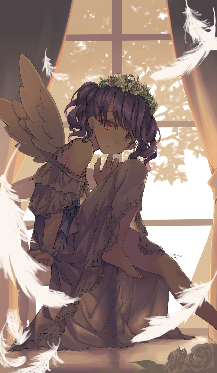 1girl absurdres angel_wings black_hair commentary_request curtains dress feathers flower flower_wreath fukumaru_koito hair_flower hair_ornament highres idolmaster idolmaster_shiny_colors knee_up long_dress looking_at_viewer looking_to_the_side medium_hair off-shoulder_dress off_shoulder purple_eyes sitting solo sorano_eika twintails white_dress window wings