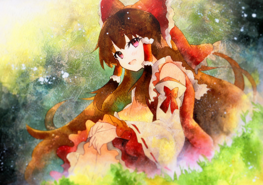 1girl bare_shoulders blush bow brown_hair detached_sleeves eyebrows_visible_through_hair hair_between_eyes hair_bow hair_tubes hakurei_reimu highres japanese_clothes long_hair nontraditional_miko open_mouth qqqrinkappp red_bow red_eyes ribbon-trimmed_sleeves ribbon_trim sidelocks smile solo touhou traditional_media white_sleeves wide_sleeves