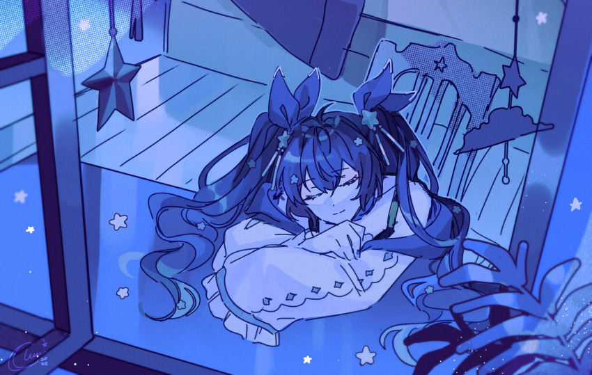1girl chair closed_eyes commentary dark_blue_hair english_commentary hair_ribbon highres juliet_sleeves lilly_(riri_zuran) limited_palette long_sleeves luminarun original puffy_sleeves resting ribbon solo star_ornament twintails wind_chime