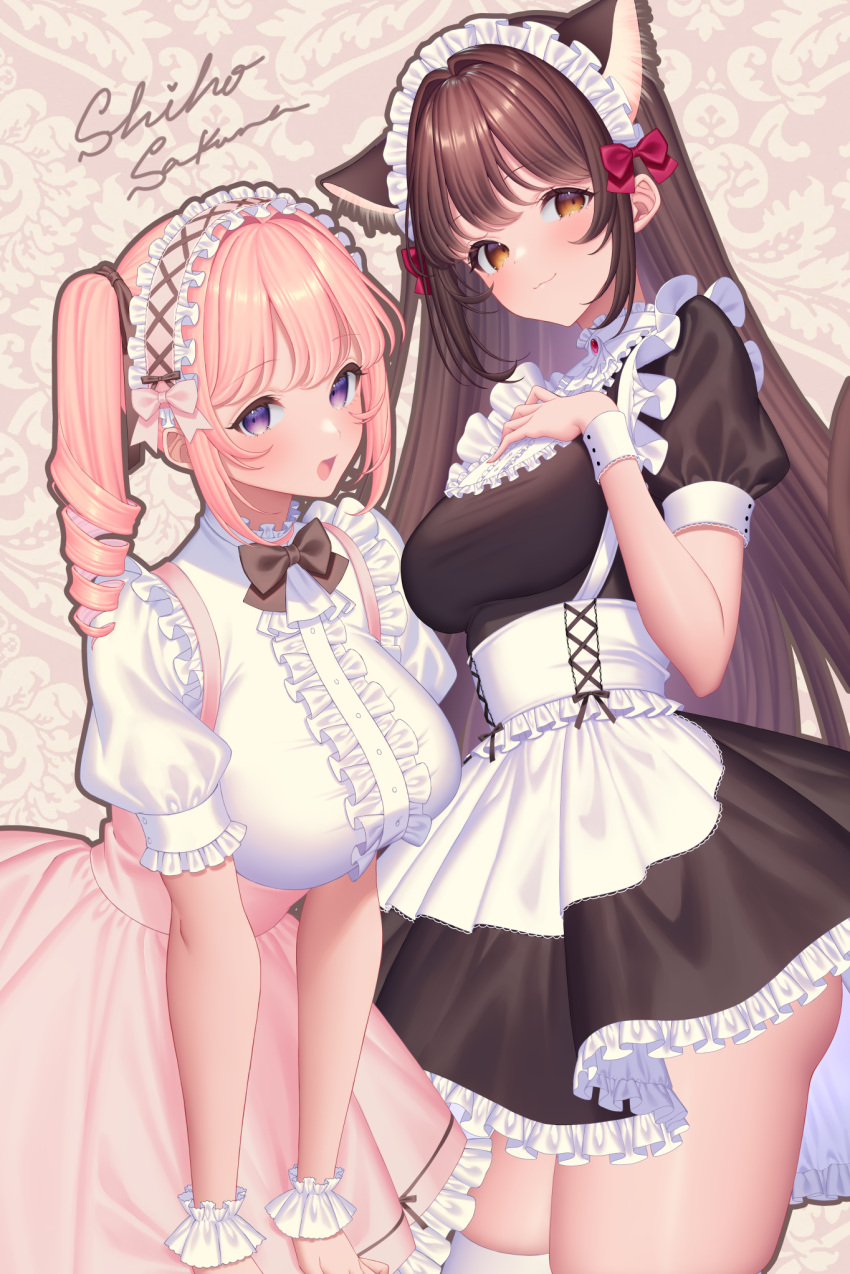 2girls :d animal_ear_fluff animal_ears apron bangs black_dress blush bow breasts brown_bow brown_eyes brown_hair center_frills closed_mouth commentary_request dress eyebrows_visible_through_hair frilled_hairband frills hair_bow hairband hand_up highres large_breasts long_hair maid maid_headdress multiple_girls original pink_hair pink_hairband pink_skirt pleated_dress puffy_short_sleeves puffy_sleeves purple_eyes ringlets sakura_shiho shirt short_sleeves skirt smile suspender_skirt suspenders twintails very_long_hair white_apron white_shirt