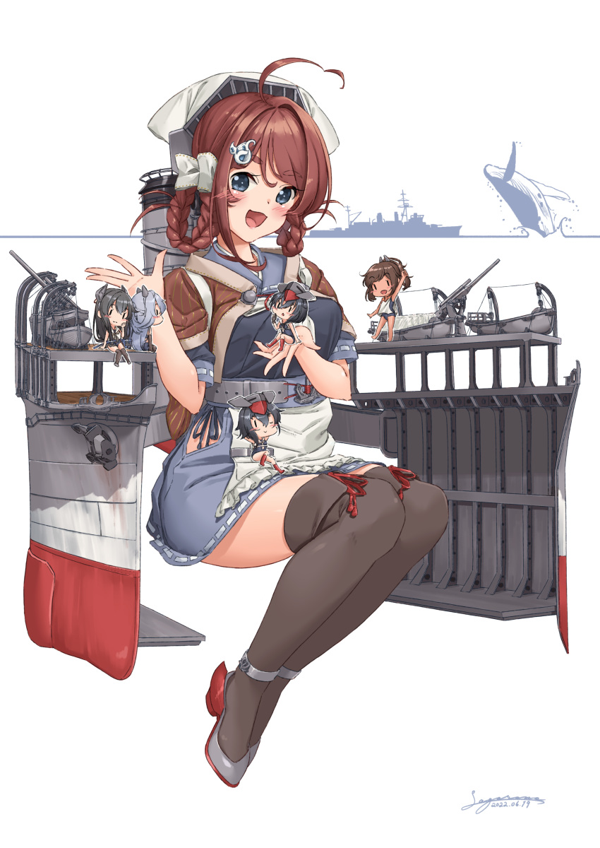 6+girls absurdres anchor apron bandana black_hair blue_eyes blue_hair blue_serafuku blue_skirt blue_swimsuit braid breasts brown_hair brown_shawl chougei_(kancolle) grey_legwear hair_ornament hair_rings hairclip headgear highres hip_vent i-13_(kancolle) i-14_(kancolle) i-401_(kancolle) i-47_(kancolle) kantai_collection large_breasts long_hair minigirl multiple_girls neckerchief nontraditional_school_swimsuit one-piece_swimsuit pleated_skirt ponytail rigging sagoromo_04 school_swimsuit school_uniform serafuku shawl short_hair short_sleeves size_difference skirt smokestack solid_oval_eyes swimsuit swimsuit_under_clothes twin_braids waist_apron whale_hair_ornament white_apron white_bandana white_neckerchief