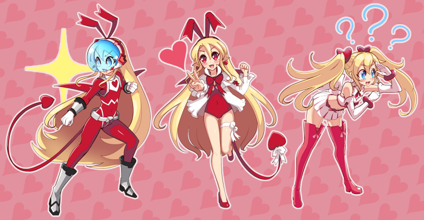 1girl absurdres angel blonde_hair blue_eyes blush bodysuit boots bow bracelet clenched_hand crop_top demon_tail demon_wings detached_sleeves disgaea disgaea_d2 disgaea_rpg earrings elbow_gloves fang flat_chest flonne flonne_(fallen_angel) full_body gloves hair_ornament hairband heart heart_hair_ornament highres jewelry jumping leg_ribbon leotard long_hair lovely_flonne magical_girl midriff miniskirt multiple_persona navel nicecream open_mouth outstretched_arm pink_bow pink_eyes pink_footwear pink_legwear pointy_ears pure_flonne red_bodysuit red_bow red_eyes red_footwear red_hairband red_leotard ribbon skirt smile solo standing standing_on_one_leg tail tail_ornament tail_ribbon thigh_boots thigh_ribbon thighhighs twintails very_long_hair visor wide_sleeves wings zettai_ryouiki
