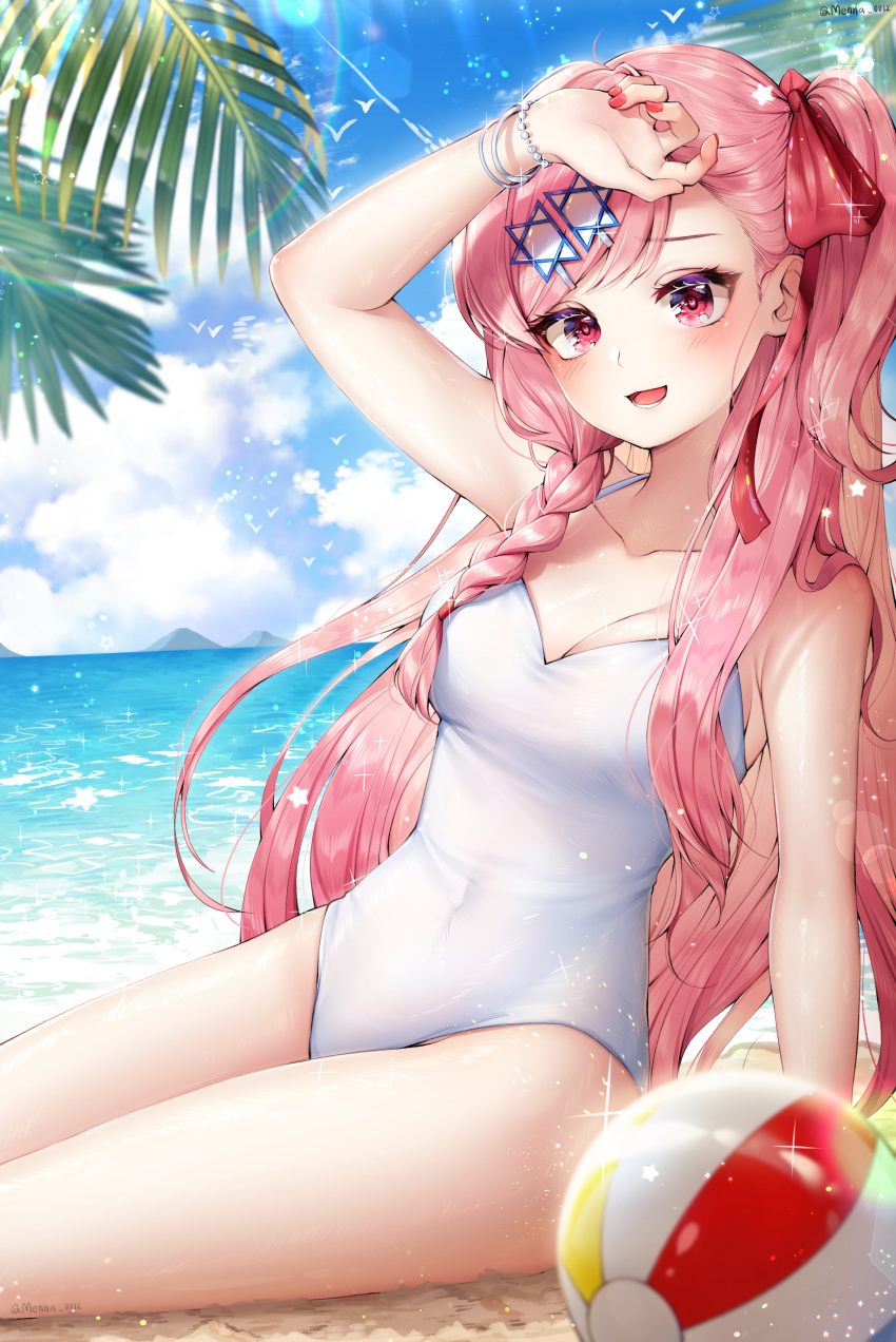 1girl absurdres ball beach beachball blue_sky braid breasts casual_one-piece_swimsuit cloud collarbone commission covered_navel day girls'_frontline hair_ornament hairclip hexagram highres island long_hair medium_breasts menna_(0012) negev_(girls'_frontline) one-piece_swimsuit one_side_up outdoors palm_leaf pink_hair pixiv_request red_eyes side_braid sitting sky solo star_of_david swimsuit white_swimsuit