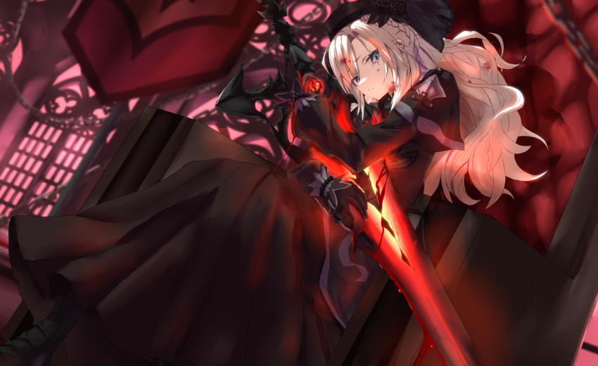 1girl ascot balmung_(fate/apocrypha) bangs black_capelet black_dress black_flower black_gloves black_headwear black_rose breasts capelet dress fate/grand_order fate_(series) flower gloves grey_eyes hat highres kriemhild_(fate) large_breasts long_hair long_sleeves looking_at_viewer mole mole_under_eye rose solo sword tsuuhan veil weapon white_hair