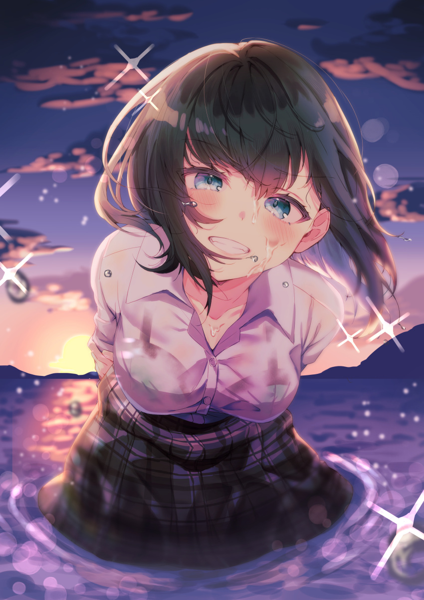 1girl absurdres arms_behind_back bangs black_hair blue_eyes blush breasts commentary_request eyebrows_visible_through_hair highres kannadukiiru looking_at_viewer moe2022 original partially_submerged plaid plaid_skirt pleated_skirt school_uniform see-through shirt short_hair skirt smile solo sparkle teeth water wet wet_clothes white_shirt