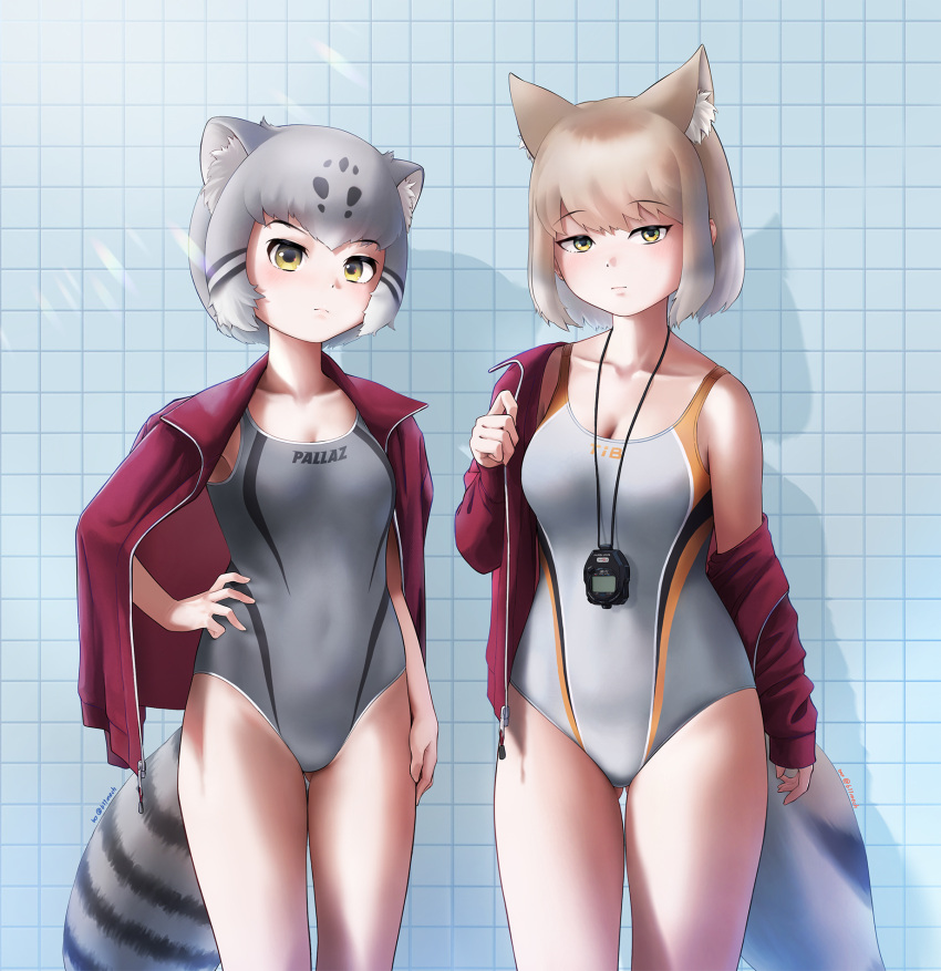 2girls animal_ear_fluff animal_ears arm_at_side ass_visible_through_thighs bangs beleven black_hair breasts brown_hair cat_ears cat_girl cat_tail cleavage closed_mouth collarbone colored_inner_hair competition_swimsuit expressionless extra_ears eyebrows_visible_through_hair fox_ears fox_girl fox_tail full-length_zipper grey_hair groin hand_on_hip hand_up highres jacket jacket_on_shoulders kemono_friends light_brown_hair long_sleeves looking_at_viewer medium_breasts medium_hair multicolored_hair multiple_girls off_shoulder one-piece_swimsuit open_clothes open_jacket paid_reward_available pallas's_cat_(kemono_friends) parted_bangs side-by-side sidelocks small_breasts spotted_hair stopwatch stopwatch_around_neck striped_tail swimsuit tail thigh_gap tibetan_fox_(kemono_friends) tile_wall tiles track_jacket tsurime undressing unzipped watch white_hair yellow_eyes zipper zipper_pull_tab