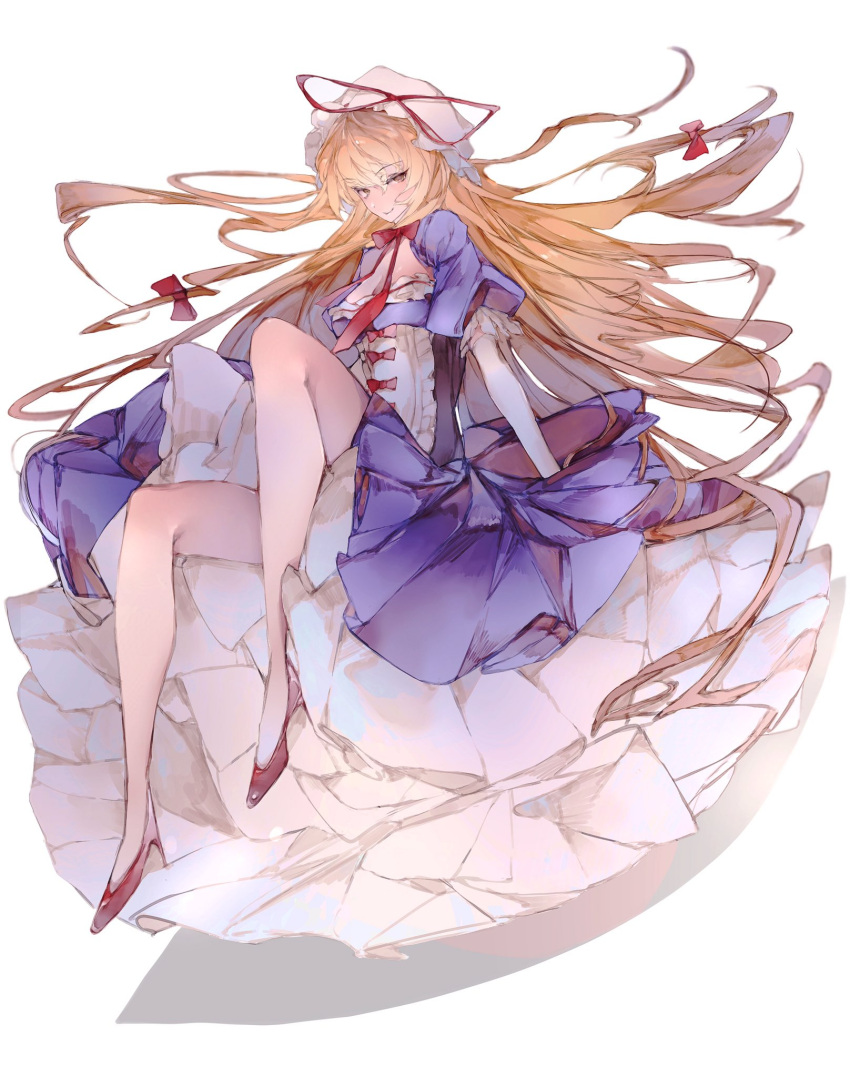 1girl bangs blonde_hair blush breasts cleavage closed_mouth commentary corset dress elbow_gloves eyebrows_visible_through_hair full_body gloves hair_ribbon high_heels highres medium_breasts puffy_short_sleeves puffy_sleeves purple_dress red_footwear red_ribbon ribbon short_sleeves shubu_99 sidelocks simple_background smile solo touhou tress_ribbon white_background white_gloves white_headwear yakumo_yukari yellow_eyes