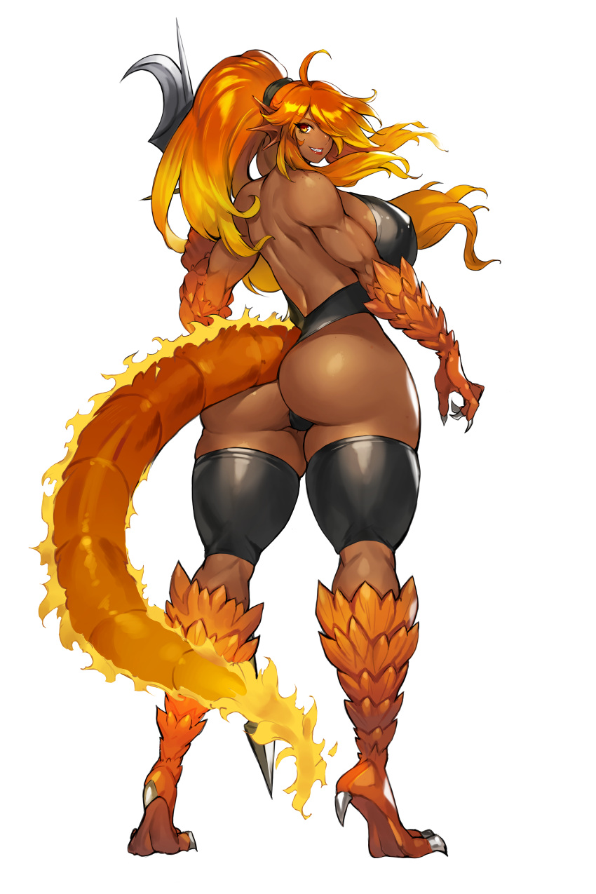 1girl absurdres ahoge animal_hands ass blue_eyes breasts claws curvy dark-skinned_female dark_skin fiery_tail fire flame-tipped_tail from_behind full_body gurimjang hair_over_one_eye head_fins high_ponytail highres huge_breasts lizard_tail long_hair looking_at_viewer looking_back monster_girl monster_girl_encyclopedia muscular muscular_female ponytail red_hair revealing_clothes salamander_(monster_girl_encyclopedia) scales simple_background smile solo standing tail thighs white_background