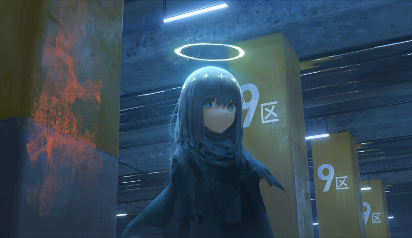 1girl bangs blue_eyes blue_hair ceiling_light commentary_request halo highres indoors long_hair original parking_garage parking_lot peke_(shadow105) pillar shiny shiny_hair solo upper_body