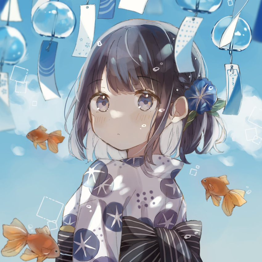 1girl animal back_bow bangs black_bow black_hair blue_eyes blue_flower blue_sky blush bow closed_mouth cloud commentary_request day eyebrows_visible_through_hair fish floral_print flower flying_fish from_side goldfish hair_flower hair_ornament highres japanese_clothes kimono looking_at_viewer looking_to_the_side obi original outdoors print_kimono sash shano-pirika sky solo striped striped_bow summer upper_body white_kimono wind_chime