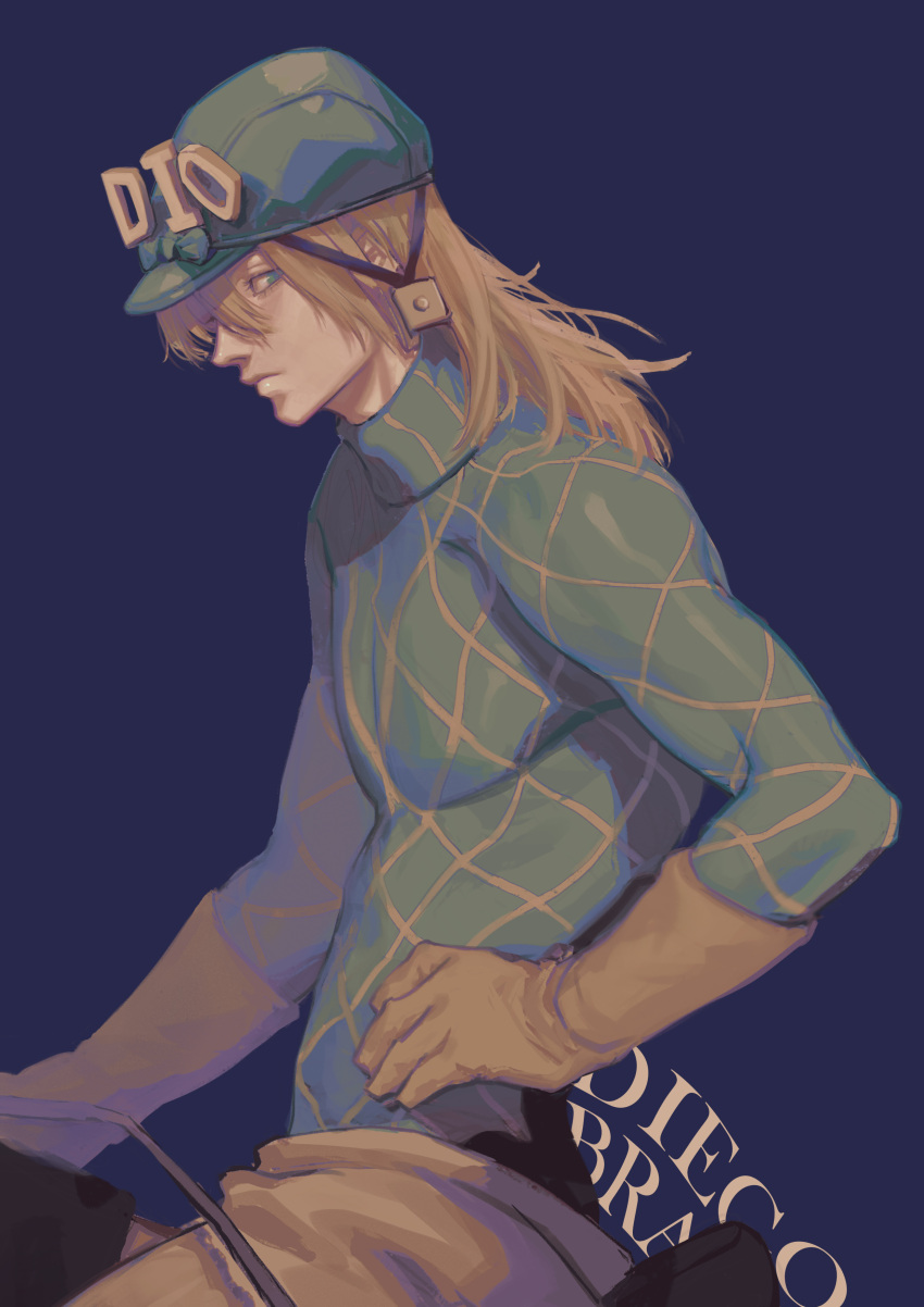1boy absurdres bangs blonde_hair blue_eyes bow character_name diego_brando gloves hand_on_hip hat hat_bow hat_ornament helmet highres jojo_no_kimyou_na_bouken long_hair looking_at_viewer male_focus nezumi_(tuboshu2013) pants patterned_clothing pectorals reins solo sweater turtleneck turtleneck_sweater work_gloves