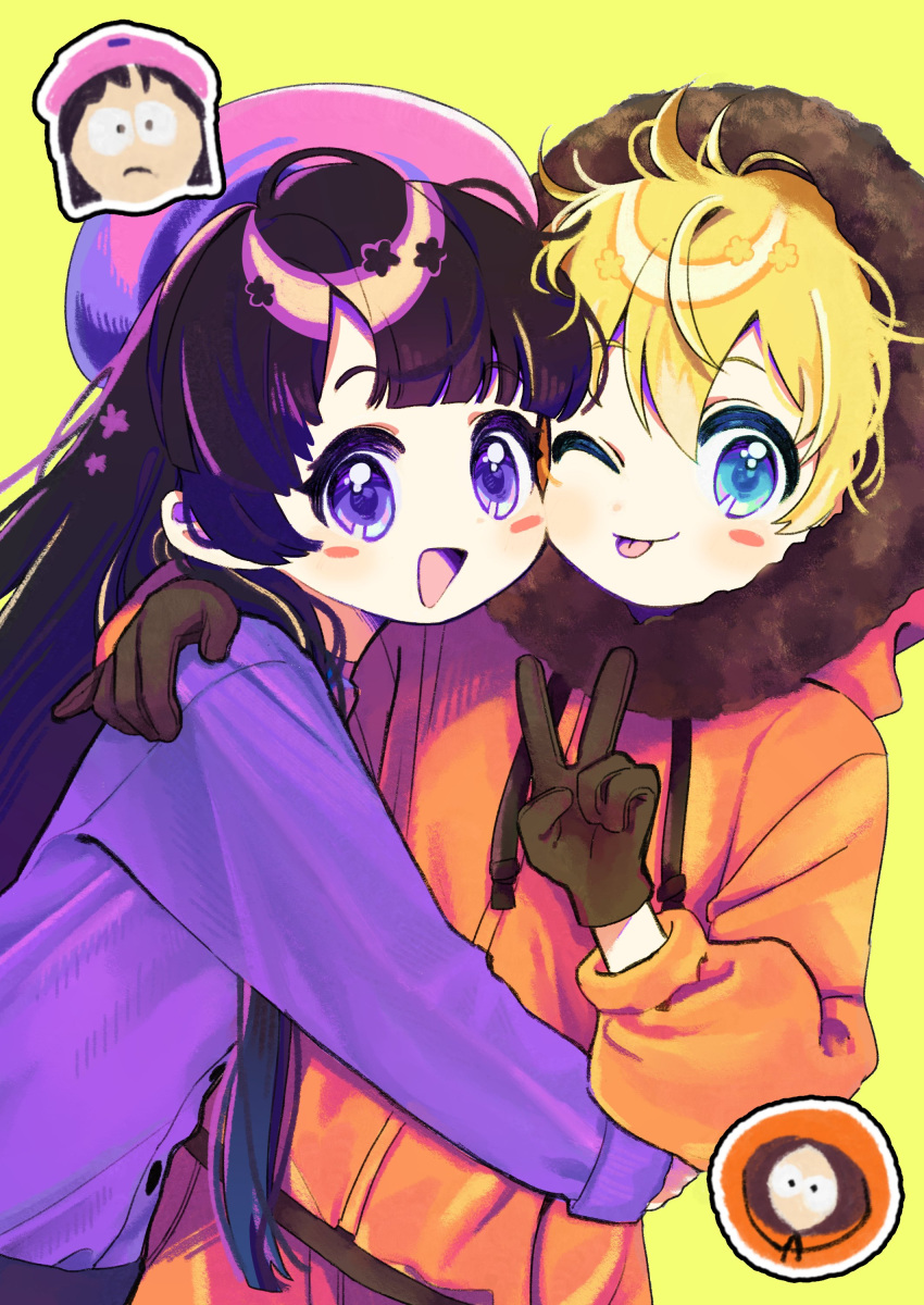 1boy 1girl :d :p absurdres bangs belt beret black_hair blonde_hair blue_eyes blunt_bangs blush_stickers chibi chibi_inset fur_collar gloves hand_on_another's_shoulder hat highres hood hood_up hoodie hug kenny_mccormick long_hair long_sleeves looking_at_viewer one_eye_closed open_mouth purple_eyes q_yan31 short_hair smile south_park thick_eyebrows tongue tongue_out v wendy_testaburger yellow_background