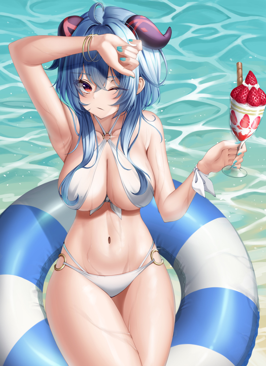 1girl absurdres ahoge aqua_nails arm_over_head arm_up bikini blue_hair breasts cleavage closed_mouth criss-cross_halter crossed_legs cup food fruit ganyu_(genshin_impact) genshin_impact glint goat_horns gold_bracelet halterneck highres holding holding_cup holding_food horns hsxxx innertube large_breasts long_hair navel o-ring o-ring_bikini one_eye_closed parfait ribbon sidelocks sitting sling_bikini_top solo strawberry swimsuit thighs water wavy_hair wet white_bikini wrist_ribbon