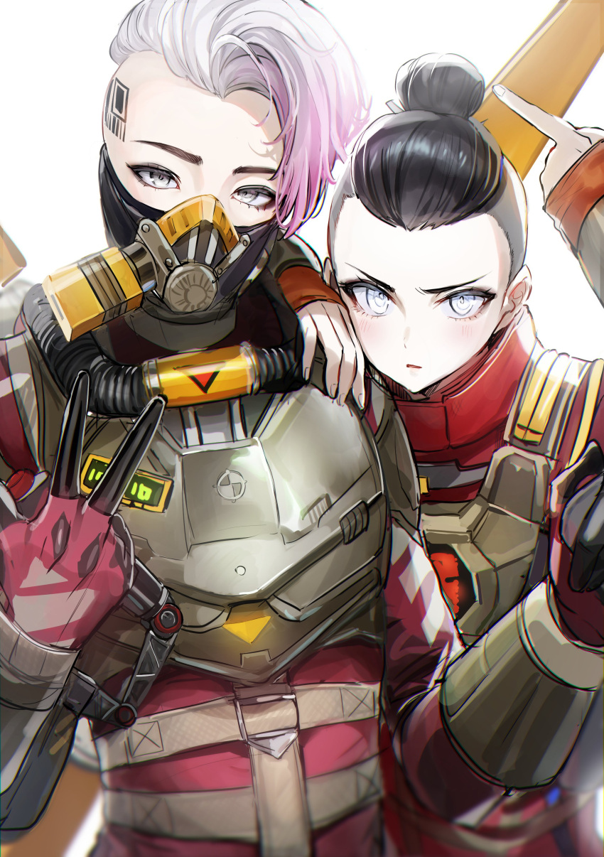 absurdres apex_legends black_hair bodysuit gloves gradient_hair grey_eyes grey_hair head_tattoo highres looking_at_viewer mask middle_finger mouth_mask multicolored_hair nekometaru official_alternate_costume open_mouth pink_hair ponytail quantum_collison_wraith red_bodysuit red_gloves slingshot_valkyrie tattoo undercut v v-shaped_eyebrows valkyrie_(apex_legends) wraith_(apex_legends)