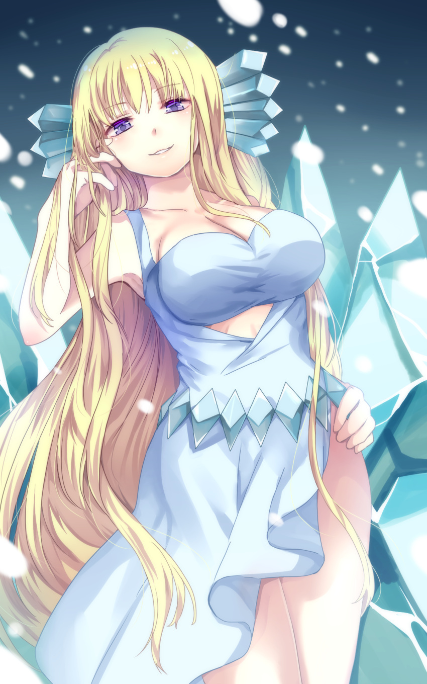 1girl bare_shoulders belt blonde_hair blue_background blue_eyes breasts cleavage commentary_request commission head_fins highres ice ice_cube large_breasts long_hair looking_at_viewer maria_(mermaid_melody_pichi_pichi_pitch) matryoshka_(borscht) mermaid_melody_pichi_pichi_pitch ocean pixiv_request purple_eyes side_slit smile snow snowing solo standing straight_hair thighs very_long_hair