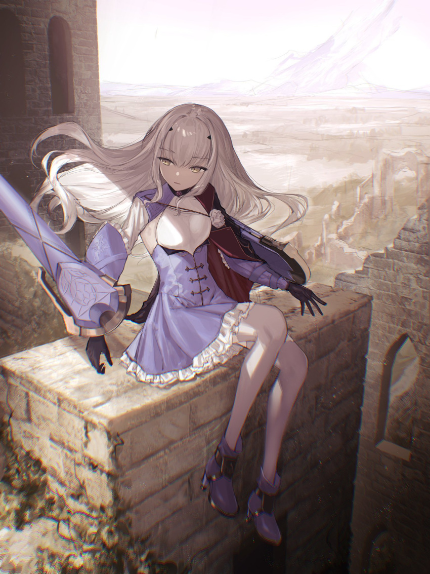 1girl bangs black_gloves blonde_hair blue_dress boots breasts brown_eyes cape castle city cloak crack dress eyebrows_visible_through_hair fairy_knight_lancelot_(fate) fate/grand_order fate_(series) flower full_body gloves high_heels highres long_hair long_sleeves medium_breasts moss mountain mountainous_horizon nature on_wall open_mouth ornament rose ruins shadow sitting sky small_breasts solo stone_wall sun tamitami thighhighs thighhighs_under_boots wall weapon white_hair white_legwear window