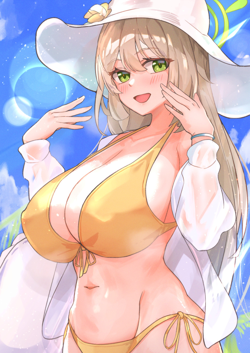 1girl absurdres bangs blue_archive blush breasts eyebrows_visible_through_hair green_eyes halo hat highres huge_breasts long_hair looking_at_viewer muteppona_hito navel nonomi_(blue_archive) nonomi_(swimsuit)_(blue_archive) open_mouth smile solo swimsuit