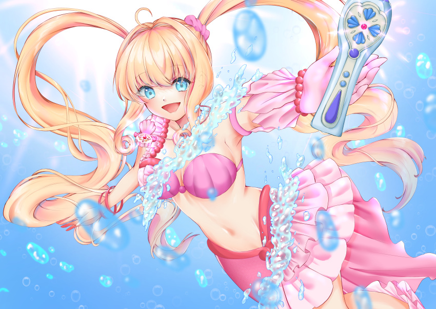 1girl absurdres bare_shoulders belly blonde_hair blue_background blue_eyes blush bra bracelet breasts commentary_request earrings eyebrows_visible_through_hair floating_hair gloves hair_rings highres in_water jewelry large_breasts long_hair looking_at_viewer mermaid mermaid_melody_pichi_pichi_pitch microphone monster_girl nanami_lucia navel necklace ocean open_mouth pearl_bracelet pearl_necklace pink_bra pink_bracelet pink_skirt shell shell_bikini shiina_awo shoulder_strap skirt smile solo twintails underwear water
