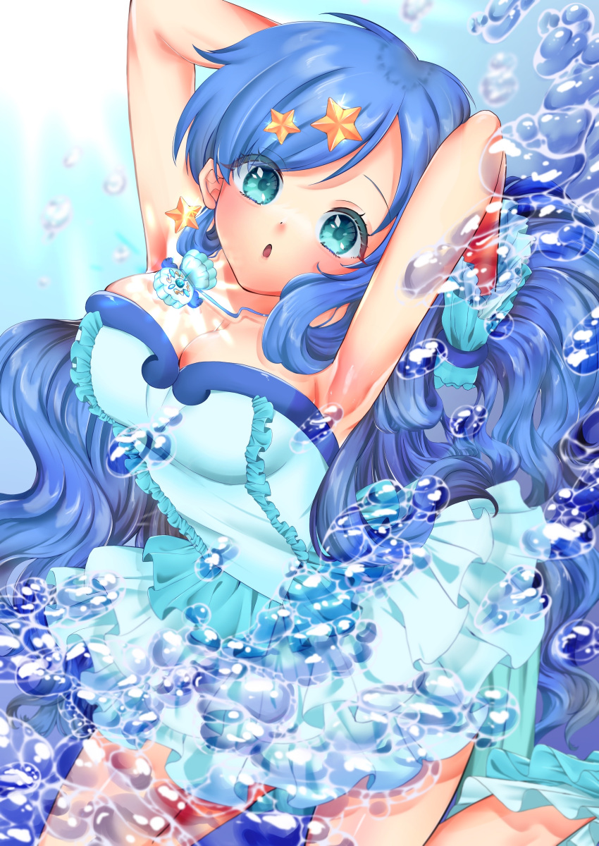 1girl absurdres armpits bare_shoulders blue_eyes blue_hair blue_skirt blush breasts bubble commentary_request curly_hair dress earrings eyebrows_visible_through_hair floating_hair frilled_dress frilled_skirt frills hair_ornament hand_up highres houshou_hanon in_water jewelry large_breasts long_hair mermaid_melody_pichi_pichi_pitch ocean shell shiina_awo skirt smile solo star_(symbol) star_earrings star_hair_ornament thighs water white_skirt