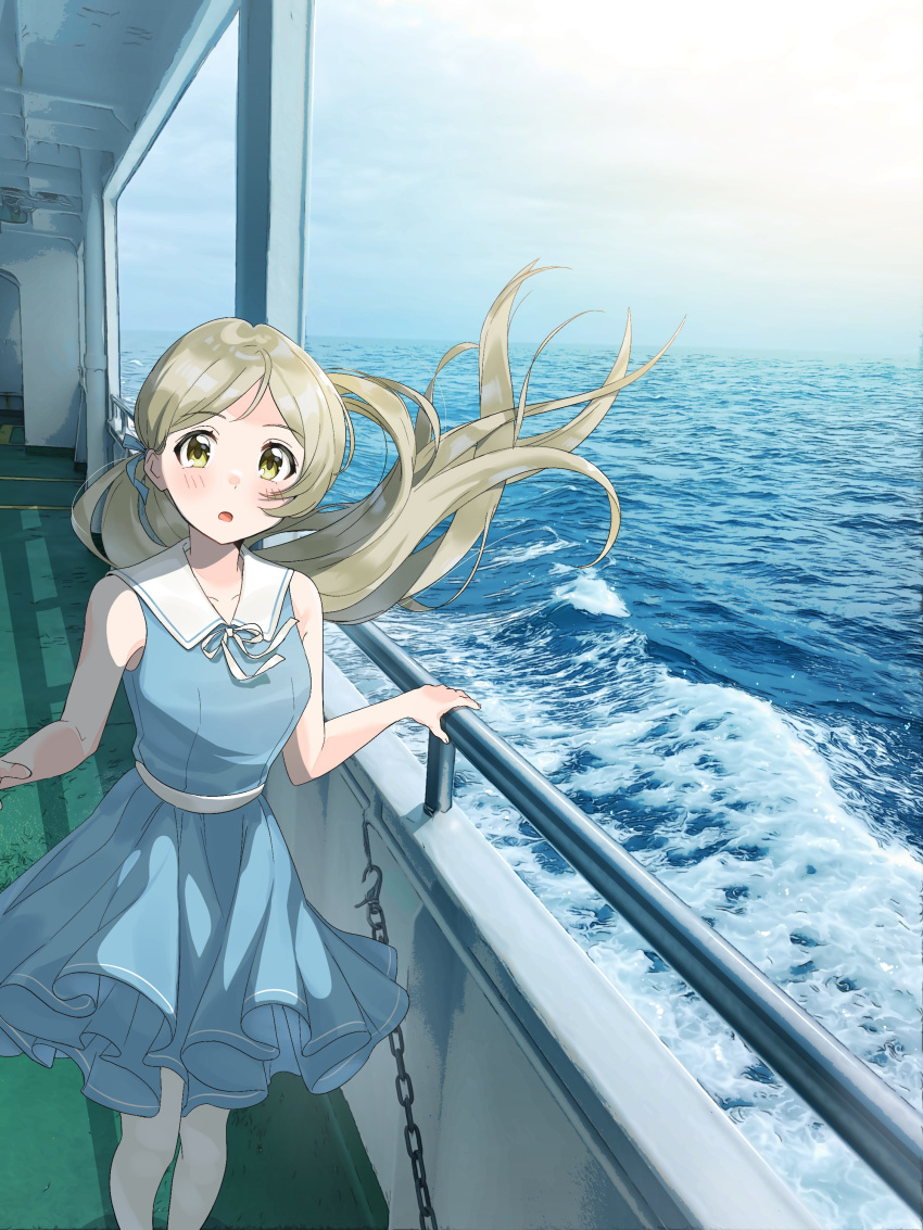 1girl :o absurdres bangs blue_dress blush cloud collarbone dress feet_out_of_frame floating_hair handa_roco highres idolmaster idolmaster_million_live! light_green_hair looking_at_viewer ocean oi! parted_bangs photo_background ship sleeveless sleeveless_dress solo watercraft waves