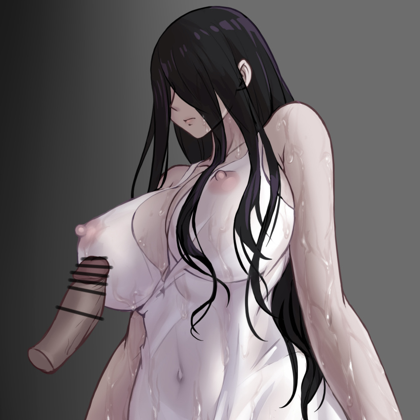 1boy 1girl bangs bar_censor black_hair breasts censored chinese_commentary closed_mouth commentary_request covered_navel covered_nipples dress expressionless gradient gradient_background grey_background hair_between_eyes hair_over_eyes hetero highres large_breasts long_hair partial_commentary penis solo_focus the_ring upper_body wet wet_clothes white_dress yamamura_sadako yeklsa