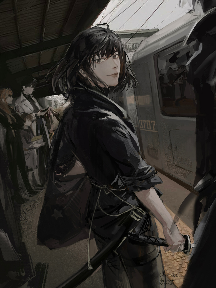 2girls 3boys artist_name black_eyes black_hair brown_hair child dok-ja_kim ground_vehicle highres holding holding_phone holding_sword holding_weapon jacket joonghyuk_yoo katana lee_gilyoung looking_at_viewer male_child medium_hair multiple_boys multiple_girls omniscient_reader's_viewpoint overcast phone renibet sheath short_hair sleeves_rolled_up smile sooyoung_han subway subway_station sword train unsheathed weapon white_jacket yoo_sangah