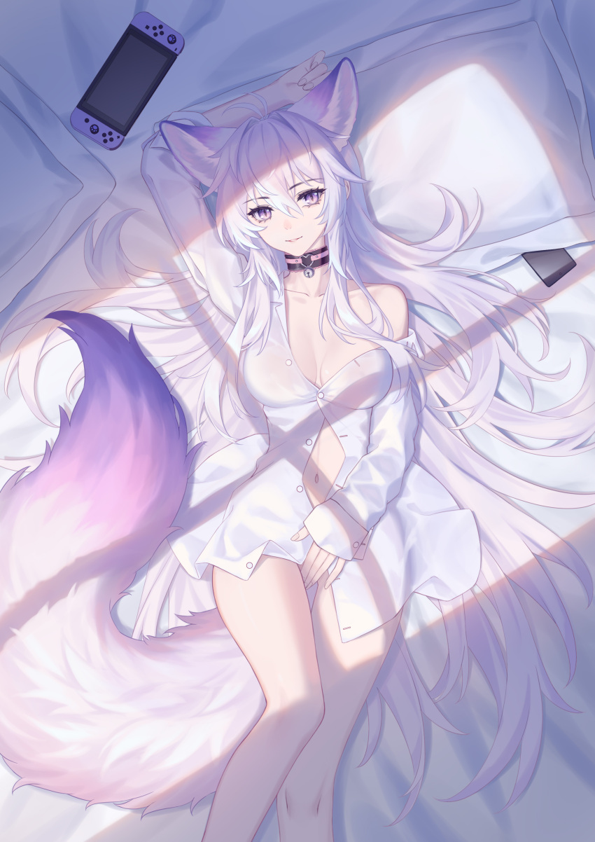 1girl absurdres animal_ears bed_sheet black_choker breasts cellphone choker cleavage extra_ears eyebrows_visible_through_hair fox_ears hair_between_eyes handheld_game_console highres kirby_d_a legs long_hair looking_at_viewer lying medium_breasts navel nintendo_switch on_back original phone pillow purple_eyes revision shirt slit_pupils tail white_hair white_shirt