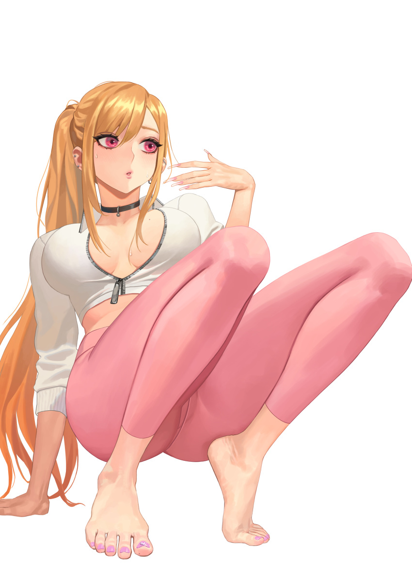 1girl :o absurdres alternate_hairstyle arm_support ass barefoot blonde_hair breasts breasts_apart choker collared_shirt commentary crop_top fake_nails fanning_face feet fingernails highres hongcasso kitagawa_marin korean_commentary large_breasts leaning_back long_fingernails long_hair long_sleeves looking_away nail_polish no_bra pants partially_unzipped pink_eyes pink_nails pink_pants ponytail red_eyes shirt sidelocks simple_background solo sono_bisque_doll_wa_koi_wo_suru squatting sweatdrop tight tight_pants toenail_polish toenails toes v_neck very_long_hair