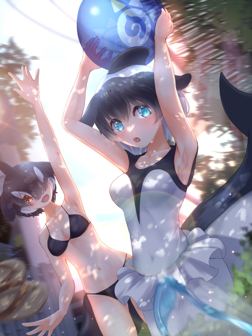 2girls absurdres arm_at_side arm_up armpits arms_up ball bangs beachball bikini black_bikini black_hair black_swimsuit blowhole blue_eyes blush breasts brown_eyes cetacean_tail cleavage collarbone colored_inner_hair commerson's_dolphin_(kemono_friends) covered_navel dappled_sunlight day dolphin_girl dorsal_fin dutch_angle hair_over_one_eye head_fins highres holding holding_ball japari_symbol kemono_friends long_bangs looking_at_viewer medium_breasts medium_hair multicolored_hair multiple_girls navel one-piece_swimsuit open_mouth orca_(kemono_friends) outdoors outstretched_arm outstretched_arms parted_bangs sarutori smile stomach sunlight sweat swimsuit tail two-tone_hair white_hair
