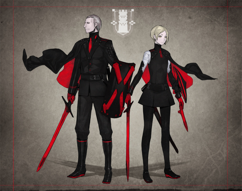 1boy 1girl black_cape black_footwear black_pants black_shirt boots cape dual_wielding grey_hair holding holding_sword holding_weapon ishinarimaru_shouten long_sleeves necktie pants pixiv_fantasia pixiv_fantasia_last_saga red_cape red_necktie shield shirt short_hair simple_background sword two-tone_cape weapon