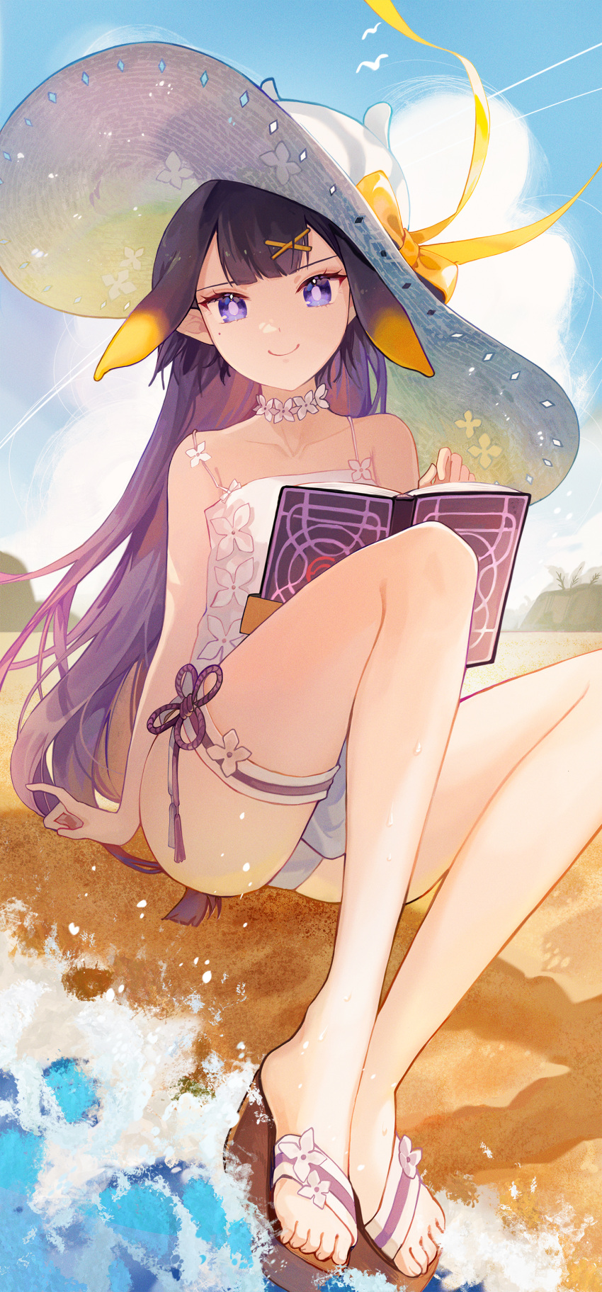 1girl absurdres beach bird blonde_hair blue_sky book bow choker closed_mouth cloud collarbone day flat_chest flower flower_choker full_body happyongdal hat hat_bow highres holding holding_book hololive hololive_english knees_up large_hat legs long_hair looking_at_viewer mole mole_under_eye multicolored_hair ninomae_ina'nis outdoors pointy_ears purple_eyes purple_hair sandals sitting sky smile solo spaghetti_strap sun_hat swimsuit tentacle_hair thigh_strap thighs two-tone_hair virtual_youtuber water white_flower white_headwear white_swimsuit yellow_bow