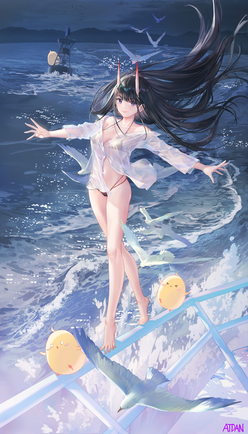 1girl absurdres animal atdan azur_lane bare_legs bare_shoulders barefoot beach bikini bikini_under_clothes bird black_bikini black_hair breasts buoy chick closed_mouth collarbone feet floating_hair full_body halter_top halterneck highres horns legs long_hair long_sleeves looking_at_viewer manjuu_(azur_lane) medium_breasts multi-strapped_bikini navel night no_pants noshiro_(azur_lane) off_shoulder oni_horns outdoors outstretched_arms purple_eyes seagull see-through shirt smile solo spread_toes standing stomach strap_gap string_bikini swimsuit thighs tiptoes toes very_long_hair white_shirt