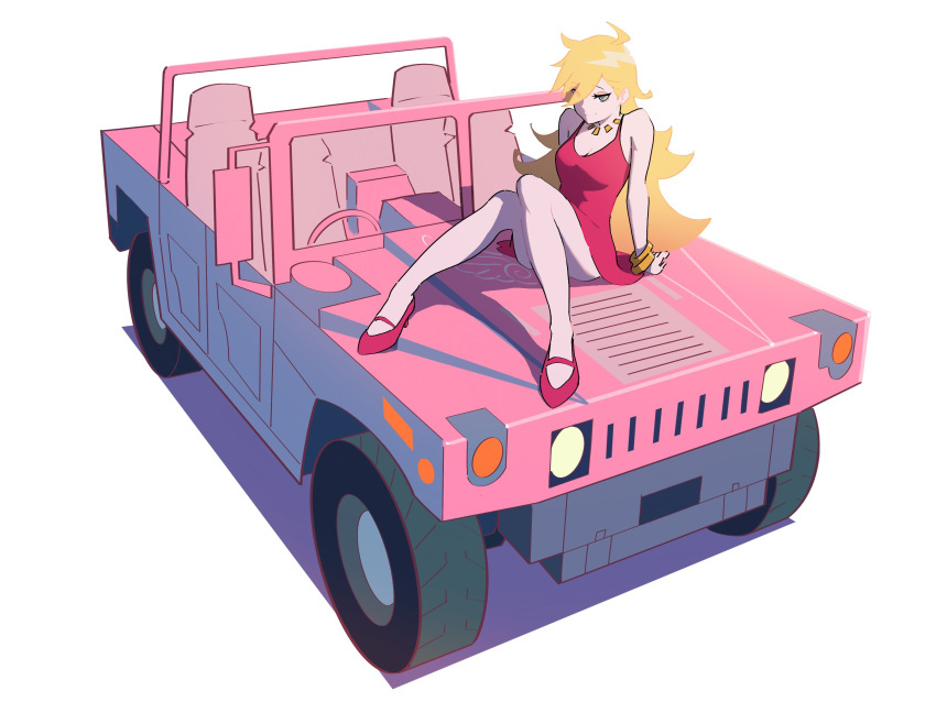 1girl absurdres ahoge arm_support blonde_hair blue_eyes bracelet breasts car closed_mouth convenient_censoring dress eyebrows_visible_through_hair ground_vehicle high_heels highres hummer jewelry knees_together_feet_apart long_hair medium_breasts motor_vehicle panty_&amp;_stocking_with_garterbelt panty_(psg) psylduck red_dress see-through_(psg) sitting sitting_on_car smile solo