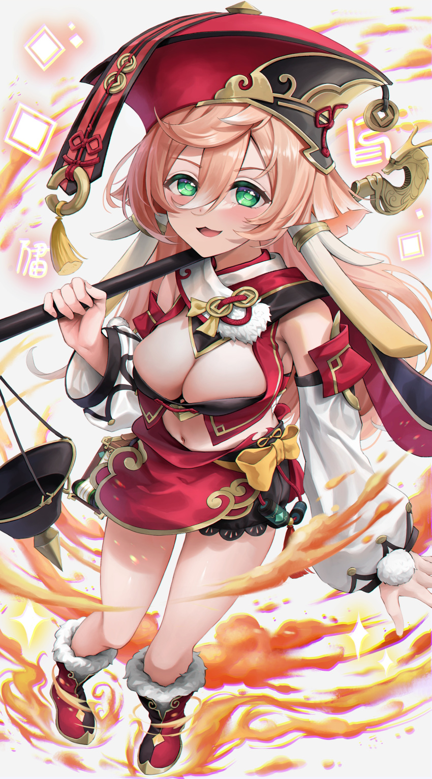 1girl absurdres boots breasts cleavage detached_sleeves elocca fire genshin_impact green_eyes grey_background hair_between_eyes hat highres holding holding_staff long_hair looking_at_viewer medium_breasts midriff navel open_mouth pink_hair red_footwear red_headwear red_skirt simple_background skirt smile solo staff thighs white_sleeves yanfei_(genshin_impact)