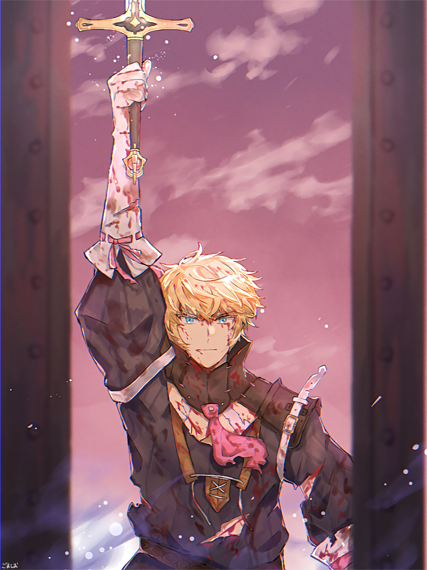 1boy artist_request blonde_hair blood blood_on_clothes blood_on_face blue_eyes cuts door durandal_(fate) fate/grand_order fate_(series) gloves glowing glowing_sword glowing_weapon highres holding holding_sword holding_weapon injury male_focus necktie roland_(fate) sword through_door torn_clothes weapon white_gloves