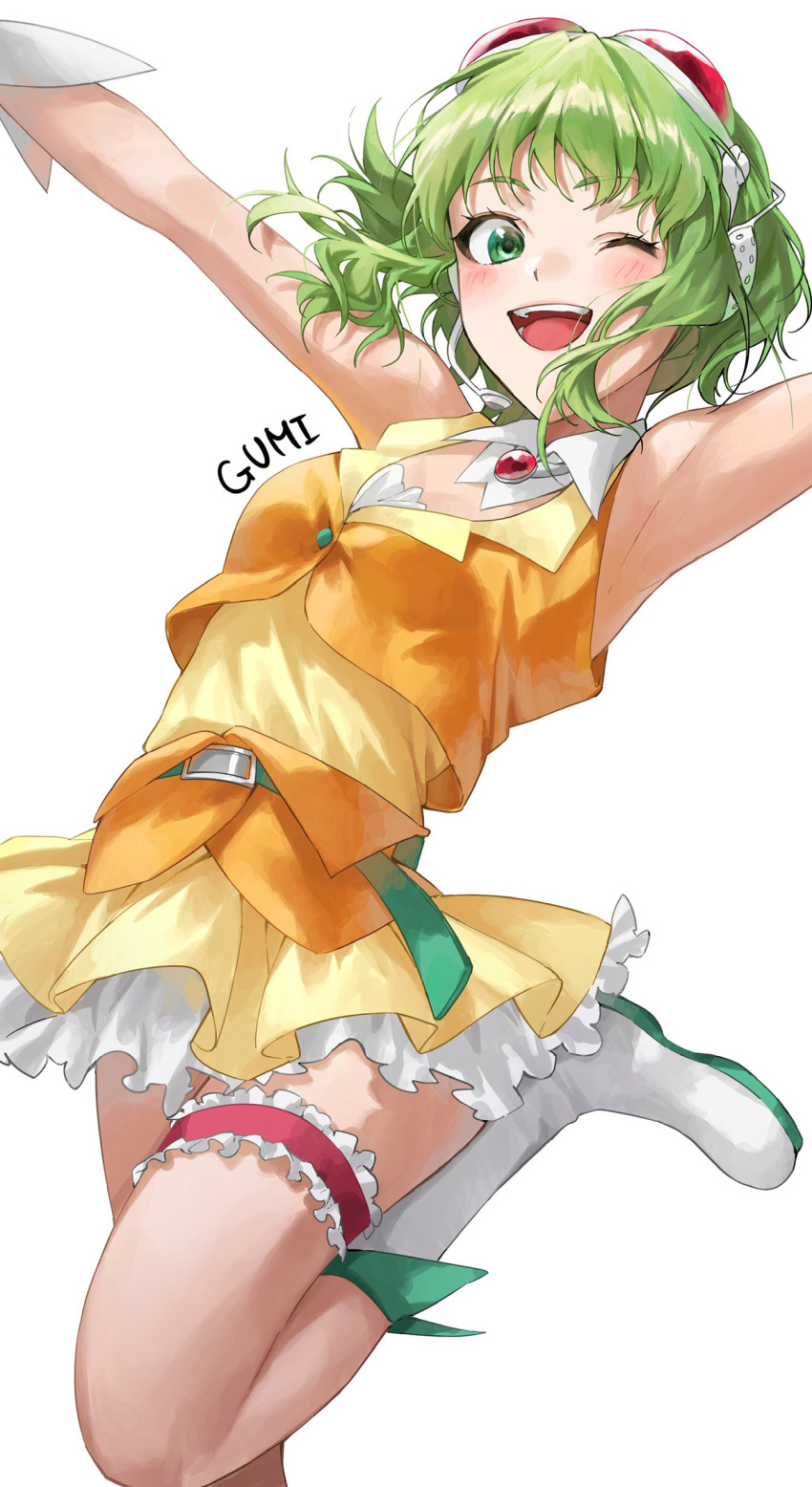 1girl ;d absurdres armpits arms_up bangs belt blush boots bridal_garter character_name clothing_cutout collared_shirt commentary coppepan cowboy_shot crop_top cropped_vest frills gem goggles goggles_on_head green_eyes green_hair gumi headphones highres jewelry layered_clothes leg_up looking_at_viewer necklace one_eye_closed open_mouth outstretched_arms petticoat shirt short_hair skirt smile solo standing standing_on_one_leg vest vocaloid wrist_cuffs