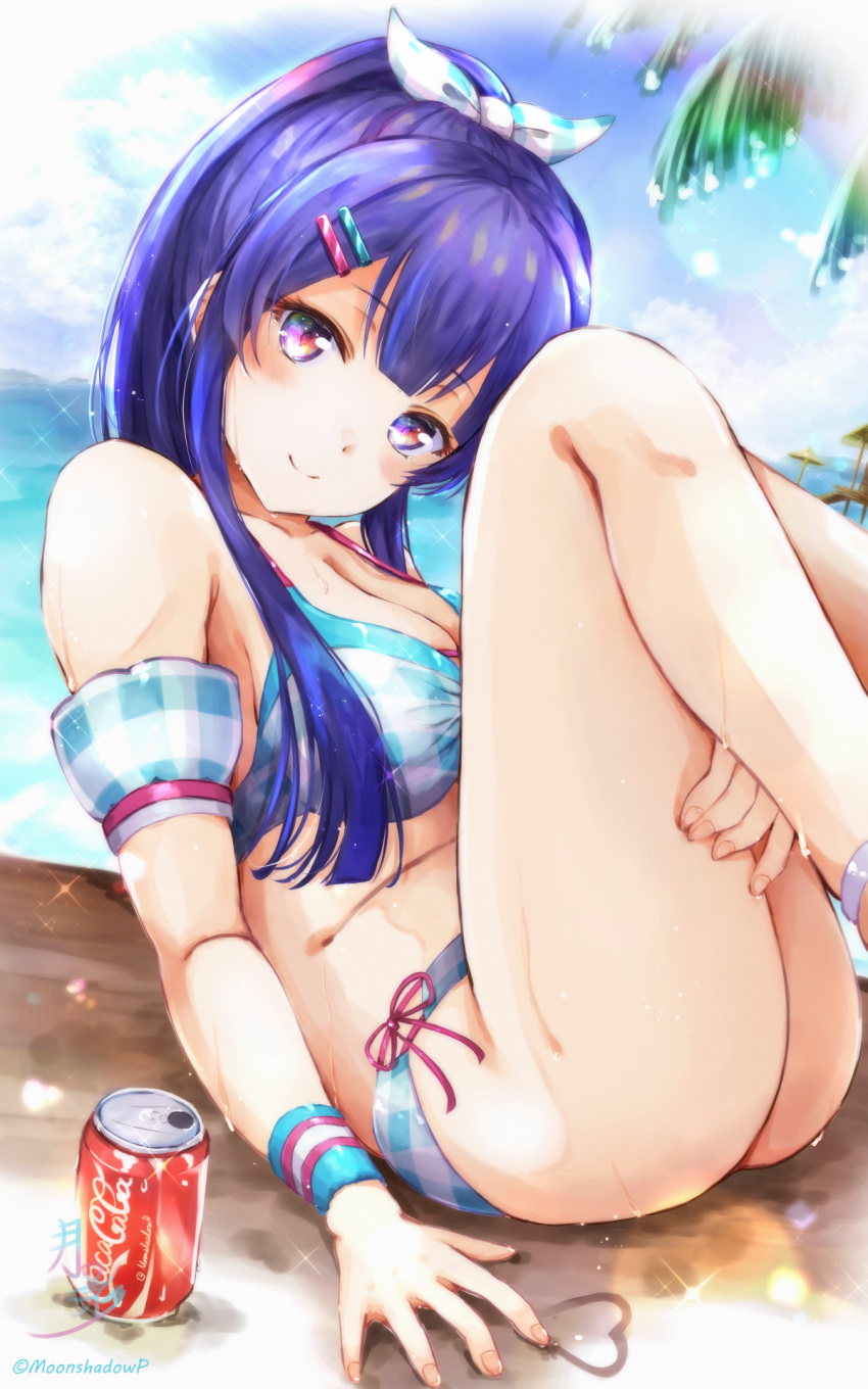 1girl ankle_strap arm_at_side artist_name bangs bare_legs bare_shoulders bikini blue_bikini blue_bow blue_sky blunt_bangs blunt_ends blush bow breasts can cleavage closed_mouth cloud coca-cola collarbone commentary_request day detached_sleeves dutch_angle eyebrows_visible_through_hair feet_out_of_frame fingernails getsuei_(moonshadowp) hair_bow hair_ornament hairclip halter_top halterneck hand_on_own_thigh head_tilt heart high_ponytail highres legs_up light_particles long_hair looking_at_viewer medium_breasts ocean official_alternate_costume official_alternate_hairstyle outdoors palm_tree parasol plaid plaid_bikini plaid_bow ponytail purple_eyes purple_hair short_sleeves shoujo_kageki_revue_starlight shoujo_kageki_revue_starlight_-re_live- side-tie_bikini sidelocks sitting sky smile soda_can solo sparkle sweatband swimsuit thighs tomoe_tamao tree twitter_username umbrella water_drop wet wristband