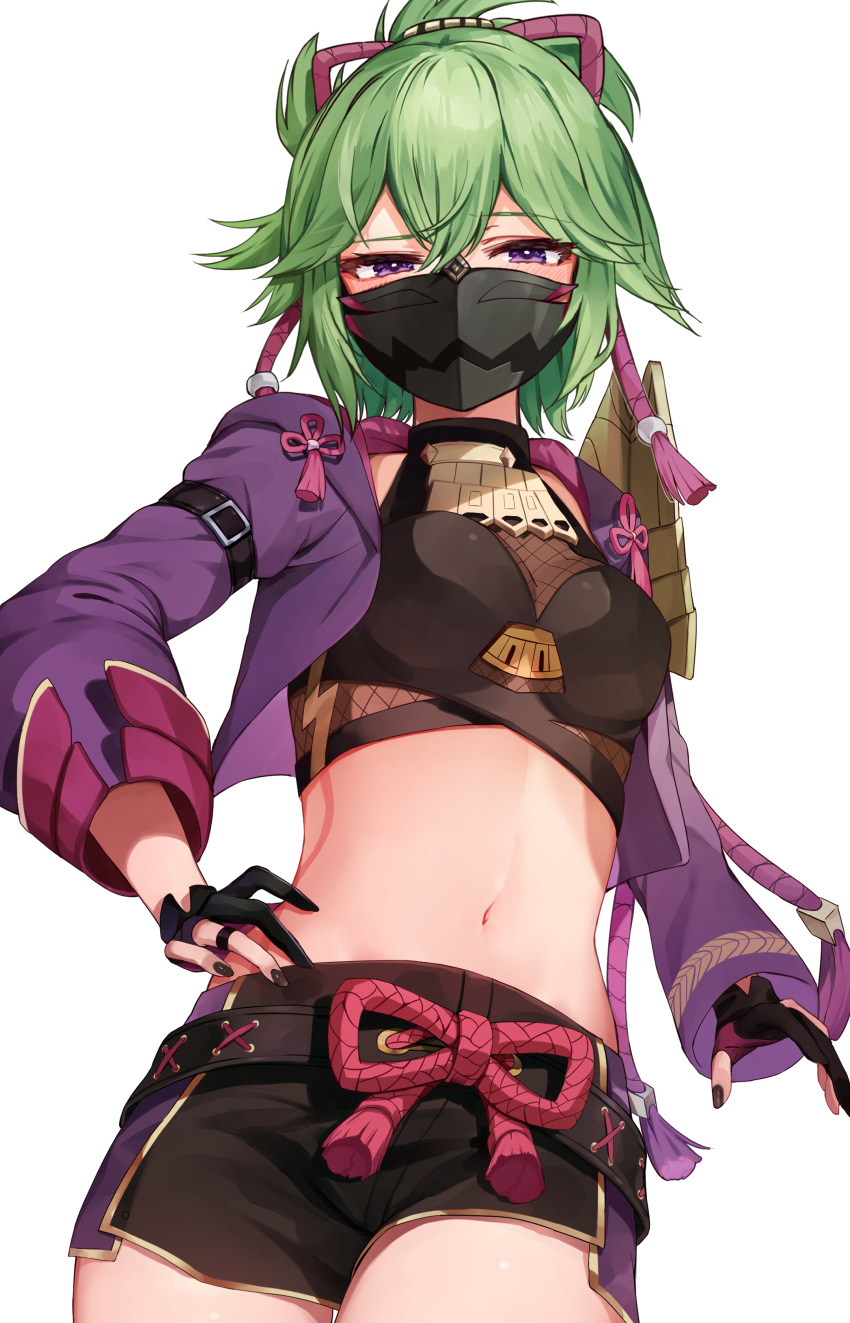 1girl absurdres bad_id bad_twitter_id bangs black_gloves black_nails black_shorts blush breasts commentary eyebrows_visible_through_hair genshin_impact gloves green_hair hair_between_eyes half-closed_eyes highres hood hood_down hooded_jacket jacket kuki_shinobu looking_at_viewer mask mouth_mask nail_polish navel open_clothes open_jacket partially_fingerless_gloves ponytail purple_eyes purple_jacket racchi. short_shorts shorts simple_background small_breasts solo white_background