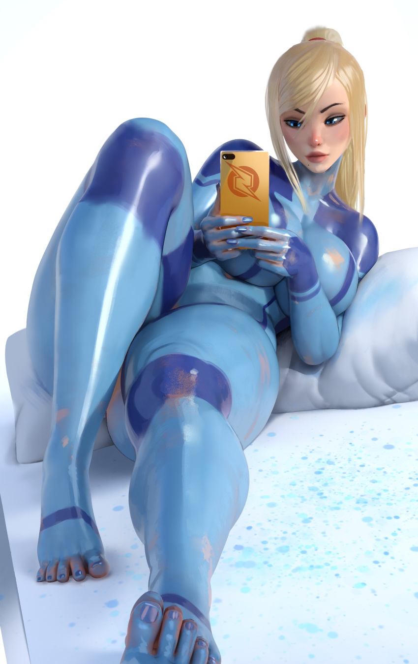 1girl 3d absurdres barefoot blonde_hair blue_bodysuit blue_eyes blue_nails bodypaint bodysuit breasts cellphone cushion highres holding holding_phone legs long_hair lying metroid mirror mixed_media mole mole_under_mouth nail_polish naked_paint no_nipples nose nude painted_clothes phone ponytail popogori realistic reflection revision samus_aran selfie shiny shiny_skin smartphone taking_picture thick_thighs thighs toenail_polish toenails toes wide_hips zero_suit