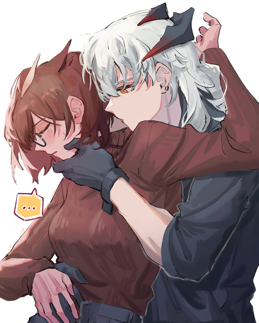 ... 2girls arknights arm_up black_pants black_sweater blush brown_hair brown_sweater closed_eyes dragon_horns earclip face_grab feather_hair glasses grabbing_another's_chin grey_hair hand_in_pants hand_on_another's_chin highres horns hug hug_from_behind licking licking_neck long_sleeves looking_at_another multiple_girls open_fly orange_eyes owl_ears pants parted_lips saria_(arknights) short_hair silence_(arknights) simple_background sleeves_past_elbows spoken_ellipsis sweatdrop sweater tongue tongue_out white_background yuri zy_(zyyyyyyy9)