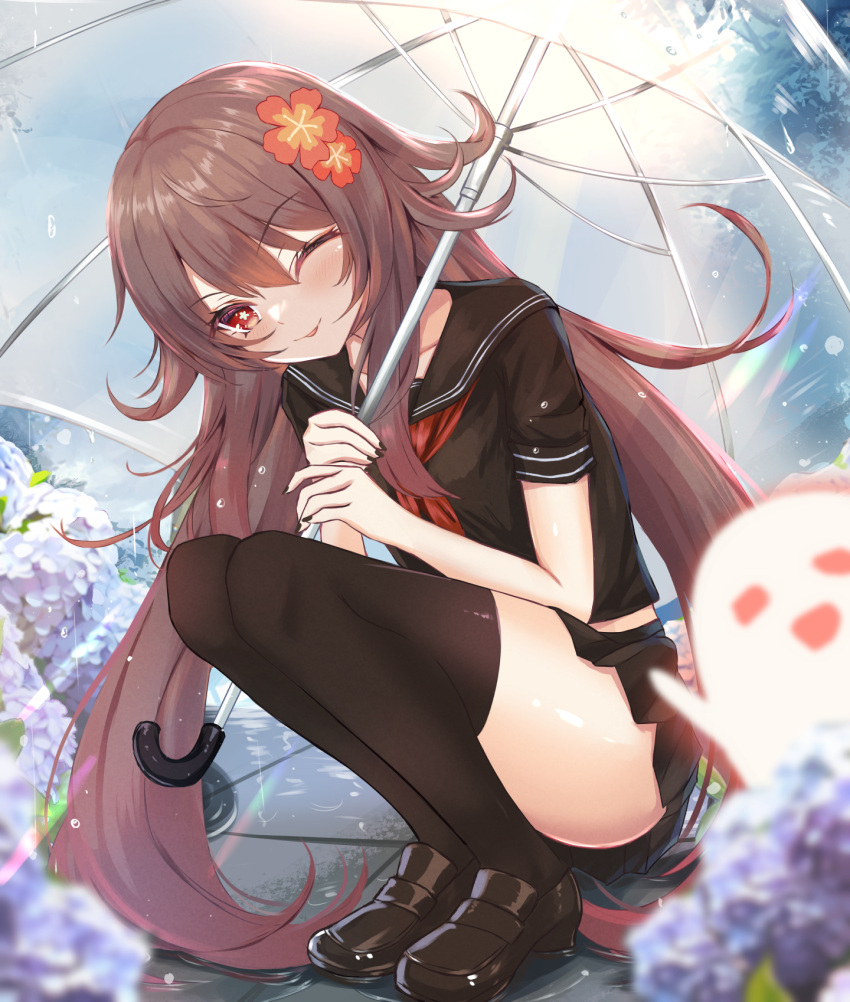 1girl :p bangs black_footwear black_legwear black_nails black_sailor_collar black_skirt blurry blurry_foreground blush brown_hair collarbone eyebrows_visible_through_hair flower flower-shaped_pupils from_side full_body genshin_impact habu_rin hair_between_eyes hair_flaps hair_flower hair_ornament highres holding holding_umbrella hu_tao_(genshin_impact) hydrangea long_hair looking_at_viewer nail_polish neckerchief one_eye_closed outdoors pleated_skirt rain red_eyes red_neckerchief sailor_collar school_uniform serafuku skirt solo squatting symbol-shaped_pupils thighhighs thighs tongue tongue_out transparent transparent_umbrella twintails umbrella very_long_hair