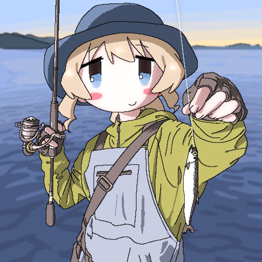 1girl animal bag blonde_hair blue_eyes blush eli_(chibitoad) fish fishing fishing_line fishing_rod hat highres holding holding_fishing_rod lake pouch shoujo_shuumatsu_ryokou sky smile solo sweater water yellow_sweater yuuri_(shoujo_shuumatsu_ryokou)