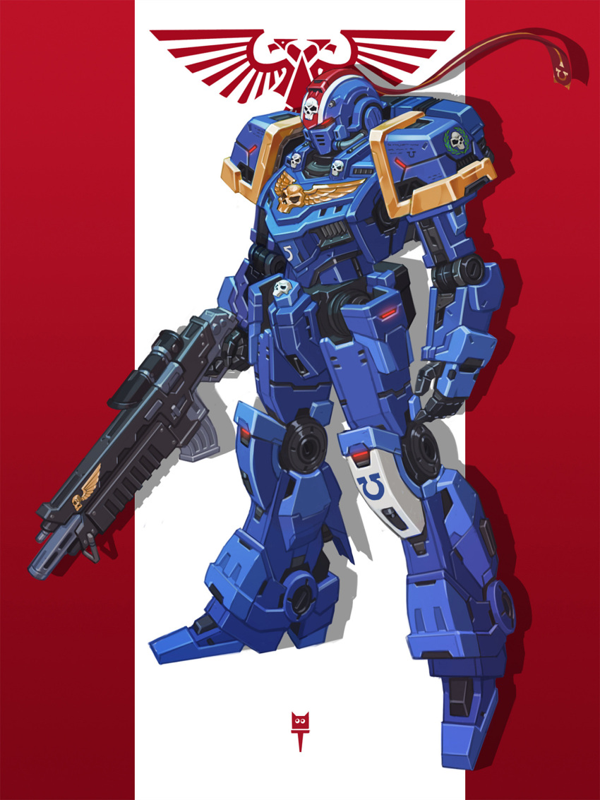 adeptus_astartes armor bolter commentary english_commentary full_body gun gundam highres holding holding_gun holding_weapon imperium_of_man mecha mobile_suit no_humans pauldrons primaris_space_marine robot shoulder_armor skull solo ultramarines warhammer_40k weapon zhanghan