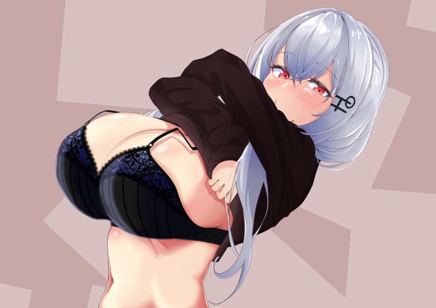 1girl absurdres bangs black_bra black_sweater blue_bra blush bra breasts clothes_lift eyebrows_visible_through_hair hair_between_eyes hair_ornament hairclip hakase_fuyuki highres lace-trimmed_bra lace_trim large_breasts long_hair long_sleeves looking_at_viewer navel nijisanji nose_blush pulled_by_self red_eyes solo stomach sweater sweater_lift uberplum underwear undressing upper_body virtual_youtuber