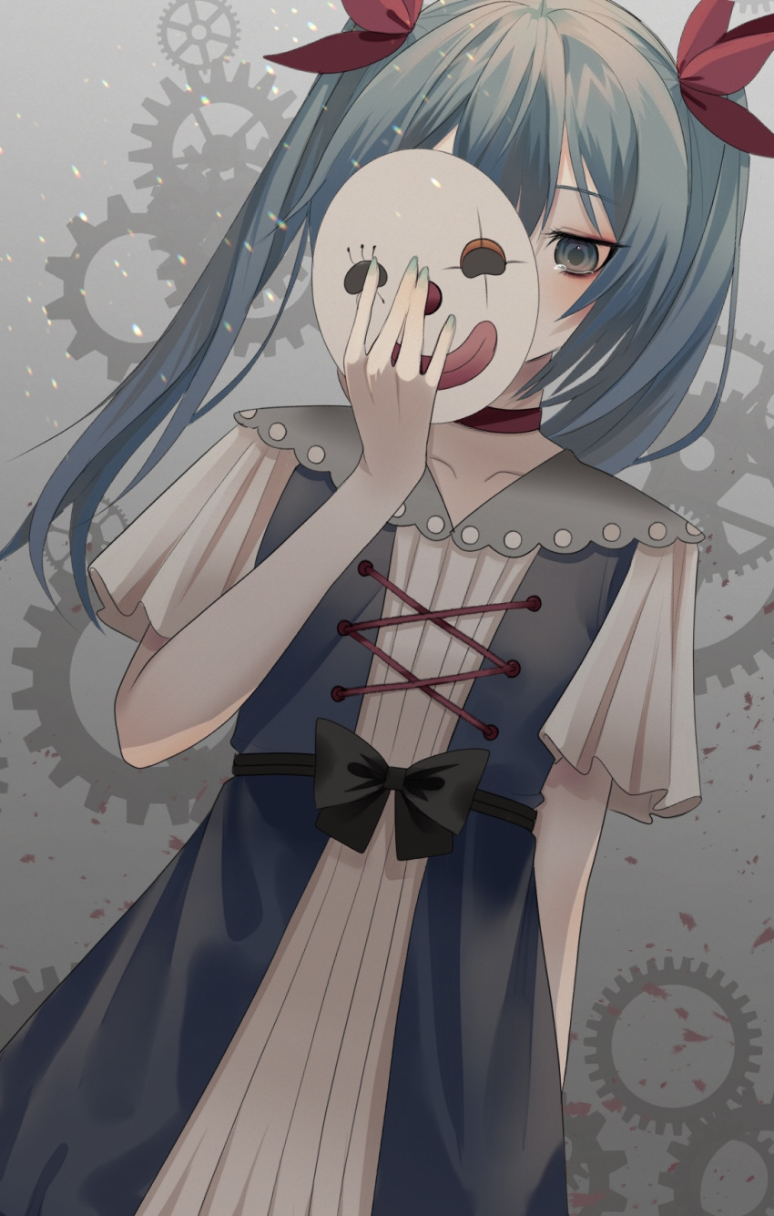bangs blood blue_eyes blue_hair blush bow choker clown_mask commentary covered_mouth cross-laced_clothes dress floating_hair gears hair_ornament hand_up hatsune_miku highres holding holding_mask karakuri_pierrot_(vocaloid) light_particles long_hair looking_down mask mask_over_one_eye nail_polish nonda. one_eye_covered short_sleeves tears twintails vocaloid waist_bow