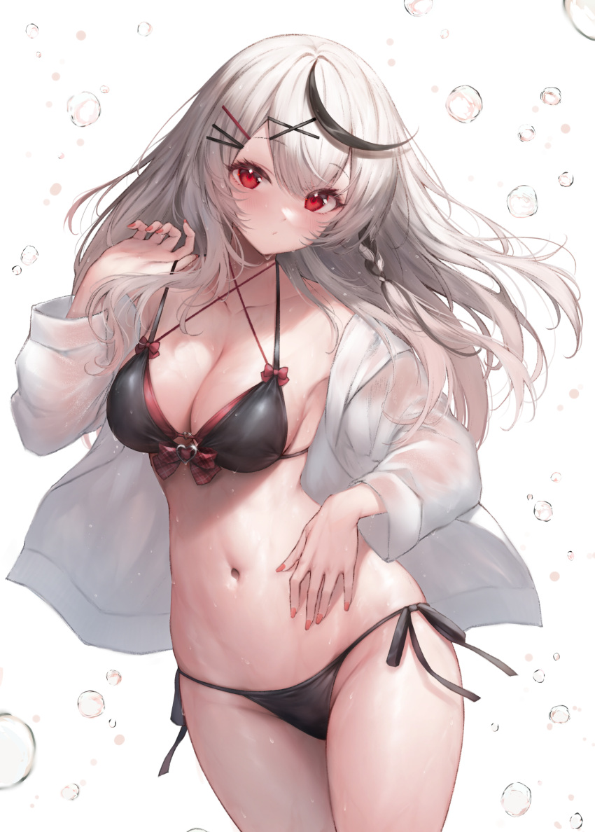 1girl absurdres bangs bikini black_bikini black_hair blush bow braid breasts cleavage closed_mouth grey_hair hair_ornament hairclip hand_up highres hololive ijac_ray jacket long_hair long_sleeves looking_at_viewer medium_breasts multicolored_hair navel open_clothes open_jacket red_bow red_eyes red_nails sakamata_chloe shirt side-tie_bikini solo stomach strap_lift streaked_hair swimsuit thighhighs virtual_youtuber wet white_background white_shirt x_hair_ornament