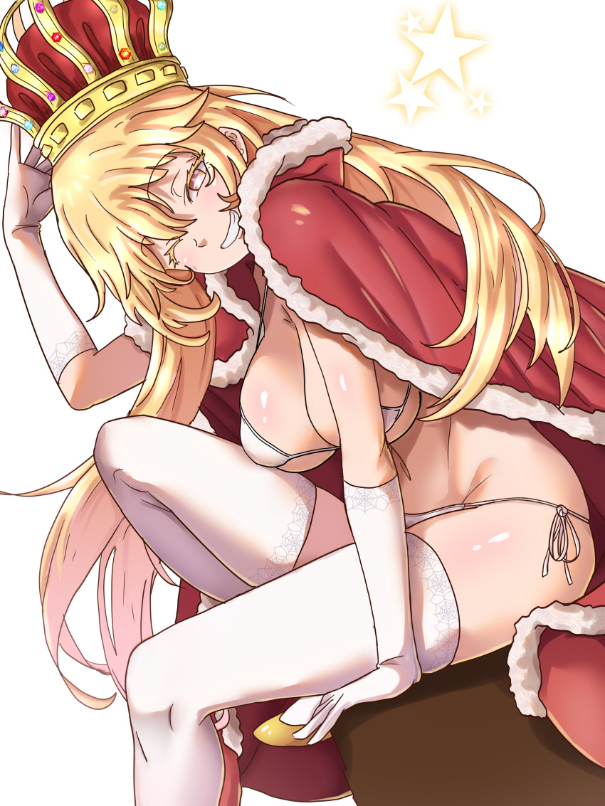 +_+ 1girl absurdres bikini blonde_hair breasts bright_pupils brown_eyes cape cleavage crown elbow_gloves eyebrows_visible_through_hair fur-trimmed_cape fur_trim gloves grin hair_between_eyes hand_up highres knee_up large_breasts long_hair looking_at_viewer looking_to_the_side navel one_eye_closed parted_lips red_cape shiny shiny_skin shokuhou_misaki side-tie_bikini sitting smile solo sparkle sparkling_eyes spider_web_print star-shaped_pupils star_(symbol) stomach string_bikini swimsuit symbol-shaped_pupils teeth thighhighs thighs toaru_kagaku_no_mental_out toaru_kagaku_no_railgun toaru_majutsu_no_index very_long_hair white_background white_bikini white_gloves white_legwear white_pupils youngmanisdown
