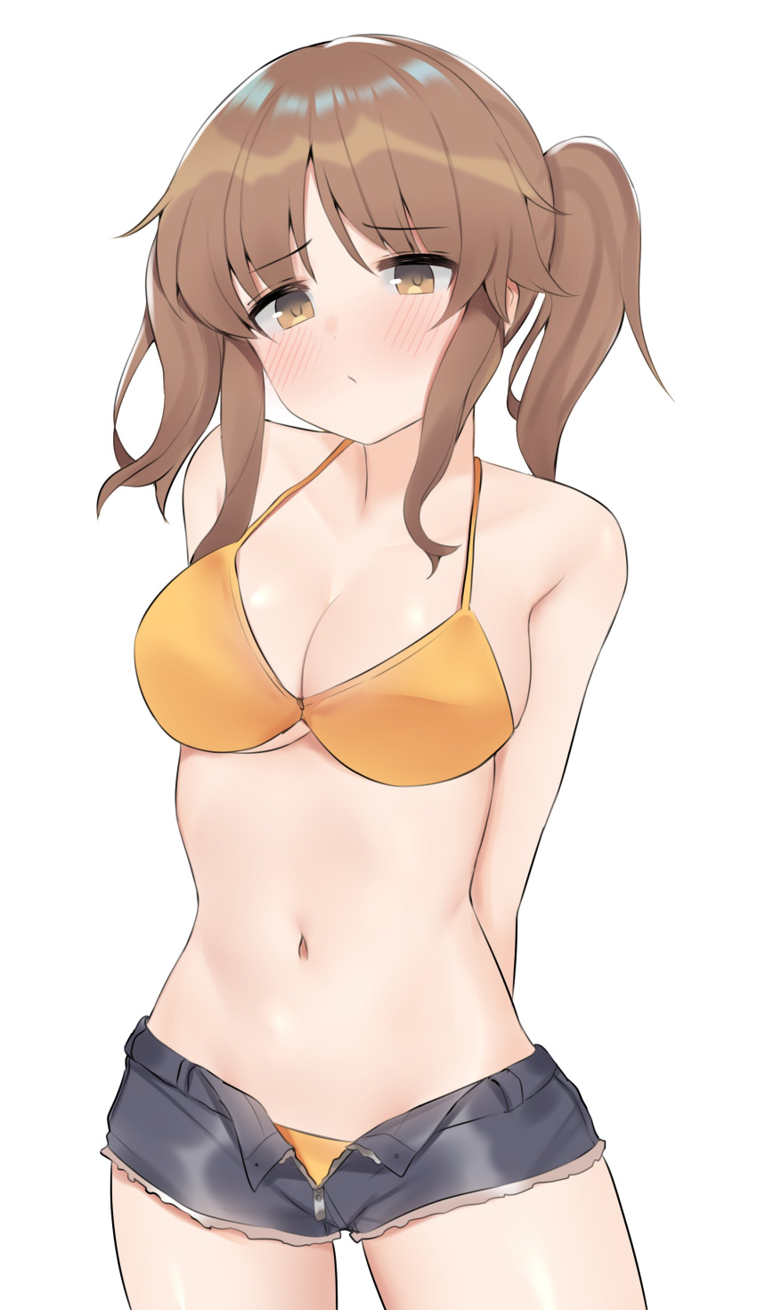 1girl aa211108 absurdres arms_behind_back bikini black_shorts blush breasts brown_eyes brown_hair cleavage cowboy_shot highres idolmaster idolmaster_cinderella_girls korean_commentary large_breasts navel orange_bikini short_shorts shorts sidelocks simple_background solo swimsuit totoki_airi twintails white_background