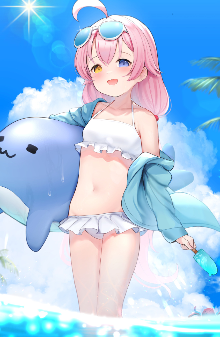 1girl :d absurdres ahoge bangs bare_shoulders bikini bikini_skirt blue_archive blue_eyes blue_jacket blue_sky blush breasts cloud collarbone day eyebrows_visible_through_hair eyewear_on_head food frilled_bikini frills hair_between_eyes heterochromia highres holding holding_innertube hoshino_(blue_archive) hoshino_(swimsuit)_(blue_archive) inflatable_toy inflatable_whale innertube jacket long_hair long_sleeves looking_at_viewer low_twintails navel ocean octopus off_shoulder open_clothes open_jacket open_mouth outdoors palm_tree parted_lips pink_hair popsicle sky small_breasts smile solo somray standing sunglasses swimsuit tree twintails water white_bikini yellow_eyes